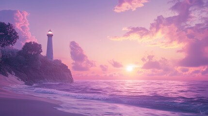 Wall Mural - Serene Coastal Scene with Lighthouse at Sunset Over Ocean Waves