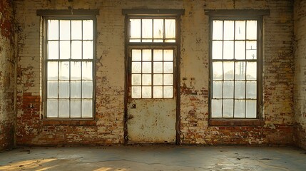 Wall Mural - Abandoned factory interior, sunlight through windows, brick walls, grunge texture, design backdrop