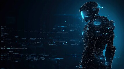 futuristic cyborg soldier in digital data stream