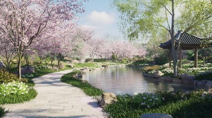 Wall Mural - Serene Riverside Park in Japan with Cherry Blossom Trees and Pathways