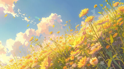 Wall Mural - vibrant field of yellow flowers under bright blue sky with fluffy clouds creates serene and cheerful atmosphere, inviting sense of peace and joy