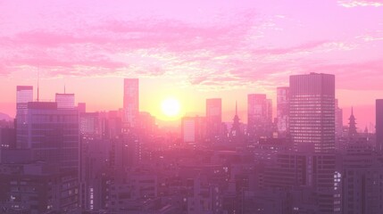 Wall Mural - Futuristic Cityscape at Sunset in Japanese Aesthetic Colors