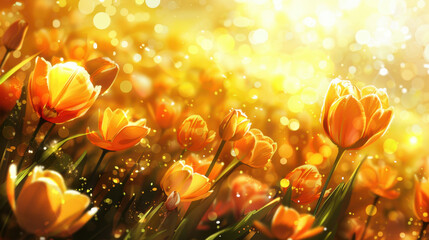 Wall Mural - Bright orange tulips bloom in sunlit field, creating warm and cheerful atmosphere filled with golden light and soft bokeh effects