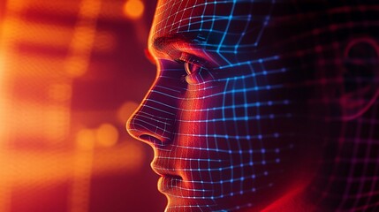 digital human profile with grid overlay and warm lighting effects artificial intelligence