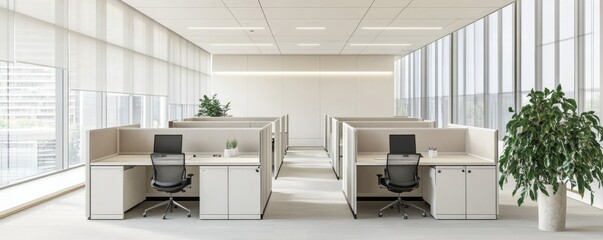 Wall Mural - Modern office cubicles, city view, sunlit, minimalist design