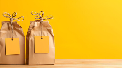 Two brown paper bags with string ties and blank yellow tags against a bright yellow background.