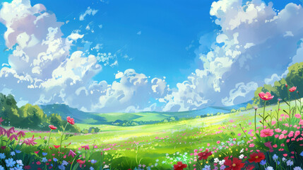 Wall Mural - vibrant landscape featuring colorful flower field under bright blue sky with fluffy clouds. scene evokes sense of tranquility and natural beauty