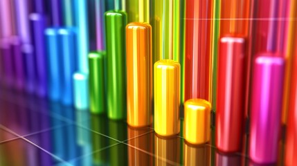 Leinwandbilder - A D bar graph with tall, glossy pillars in various colors rising from a reflective surface, symbolizing financial growth and performance analysis