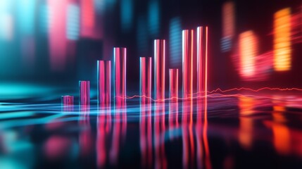 Poster - A D bar graph with tall, glossy pillars in various colors rising from a reflective surface, symbolizing financial growth and performance analysis