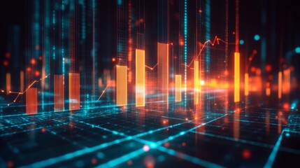 Fototapete - A D financial chart with rising columns and a glowing trendline, placed over a sleek digital grid with futuristic design elements