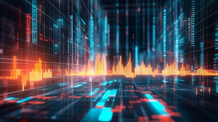 Fototapete - A D financial chart with rising columns and a glowing trendline, placed over a sleek digital grid with futuristic design elements