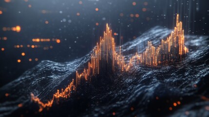Aufkleber - A D financial graph with rising bars and an upward trending line chart, with metallic textures and subtle lighting effects, floating in digital space