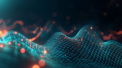 Aufkleber - A D financial line graph with smooth, curving lines connecting glowing points, showing a steady upward trend against a dark digital landscape
