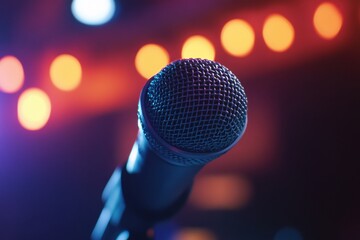 Aufkleber - Close up view of a microphone against a colorful bokeh background creating a vibrant atmosphere for a performance. Generative AI