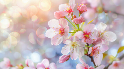 Wall Mural - Beautiful cherry blossoms in soft pink hues, surrounded by dreamy bokeh background, evoke sense of tranquility and renewal