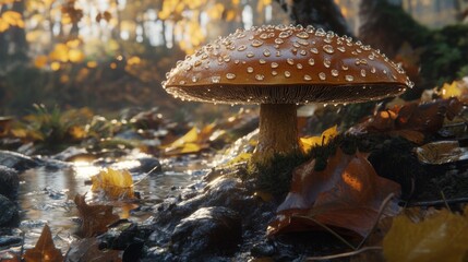 Poster - A close-up of a brown mushroom with water droplets glistening on its surface, surrounded by fallen leaves and twigs, evoking a natural woodland scene