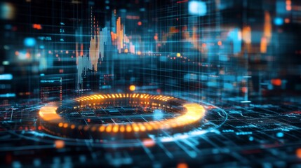 Poster - A close-up of a futuristic D donut chart with segmented, glowing parts, floating above a digital grid, representing complex financial data