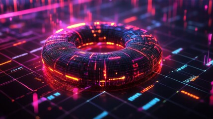 Poster - A close-up of a futuristic D donut chart with segmented, glowing parts, floating above a digital grid, representing complex financial data