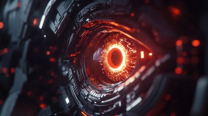 Leinwandbilder - Close up view of a glowing robotic eye within intricate futuristic circuits at twilight. Generative AI
