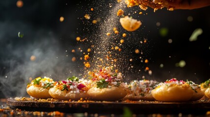 Wall Mural - A close-up of pani puri being filled with spicy water, capturing the moment of preparation, with colorful garnishes and crispy shells creating an appetizing scene