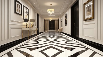 Poster - A contemporary hallway with bold geometric patterns on the floor, sleek furniture, and modern art pieces, creating a stylish and dynamic environment