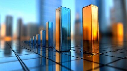 Aufkleber - A dynamic bar graph with tall, shiny bars in blue and orange, standing on a reflective grid, symbolizing financial success and economic performance
