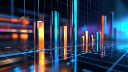 Aufkleber - A dynamic bar graph with tall, shiny bars in blue and orange, standing on a reflective grid, symbolizing financial success and economic performance