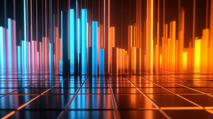 Aufkleber - A dynamic bar graph with tall, shiny bars in blue and orange, standing on a reflective grid, symbolizing financial success and economic performance