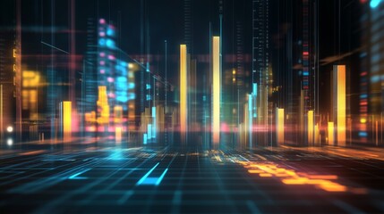 Poster - A financial bar chart with translucent bars in ascending order, placed on a dark, sleek background with glowing data points floating around