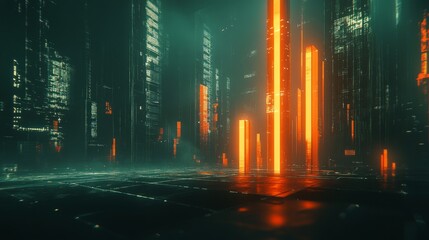 Poster - A futuristic D bar chart with tall, glowing columns and an upward trending arrow, hovering over a dark digital background filled with grid patterns