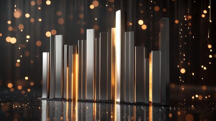 Aufkleber - A futuristic financial bar chart with glowing bars in metallic tones, displayed on a reflective surface with subtle digital elements in the background