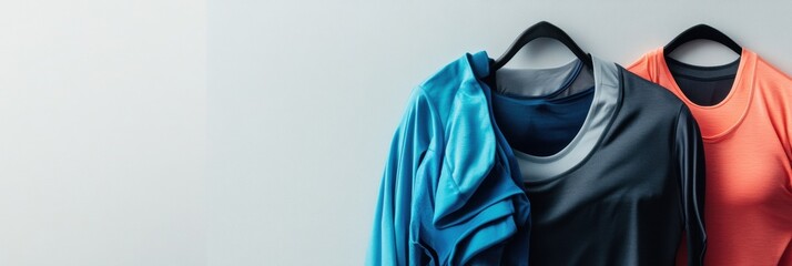 Poster - Stylish athletic wear displayed on hangers with a modern background in a retail setting. Generative AI
