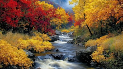 Fototapete - A beautiful autumn scene with a river flowing through a forest