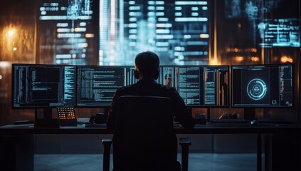 Programmer coding late night, city view, data screens