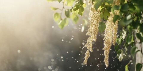 Isolated tree branches releasing pollen in the air, representing allergy season