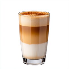 Wall Mural - Layered latte macchiato in a tall clear glass on a white background with a glass of coffee