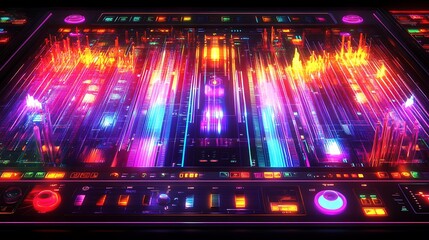 Futuristic Audio Mixing Console Displays Vibrant Colorful Light Streaks