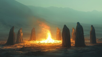 Wall Mural - a group of statues are standing around a fire in a desert