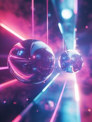 Fototapete - Vibrant spheres floating in a surreal cosmic landscape with colorful beams of light. Generative AI