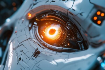 Exploration of a close up view of a robotic eye illuminated softly by futuristic circuits in a high tech environment. Generative AI