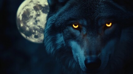 Poster - Majestic wolf with glowing eyes standing near a full moon during nighttime in a dark forest setting. Generative AI