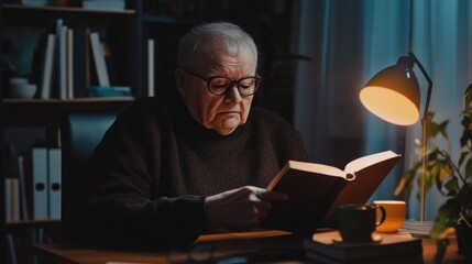 Poster - Elderly man reading a book at a cozy desk illuminated by warm light in the evening. Generative AI