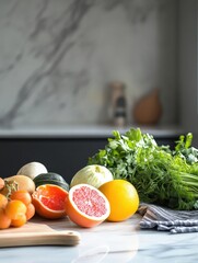 Aufkleber - Fresh vegetables and fruits arranged on a kitchen countertop for healthy meal preparation in a modern setting. Generative AI
