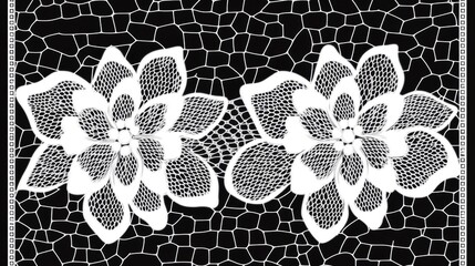 A black and white graphic design featuring two intricate floral patterns.