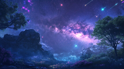 night sky, magical forest, shooting stars, fantasy landscape, game background