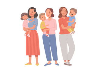 Wall Mural - Group of young happy mothers with babies on white background. Vector illustration