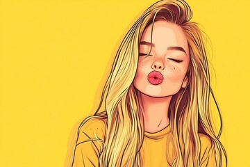 Wall Mural - Photo of a beautiful woman with long, straight blonde hair, wearing casual and pouting her lips, isolated on a yellow background with copy space. Portrait of a young girl looking at the camera and mak