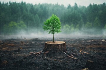 Wall Mural - young tree growing from the stump of a cut tree in a misty forest during early morning light. genera