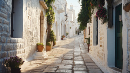  Whitewashed alleyway, sunlit streets, Italian village, charming town, perfect for travel postcards, tourism