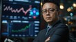© Babb - A financial analyst in formal attire stands confidently with arms crossed, analyzing stock market data displayed on screens in a contemporary office at night
